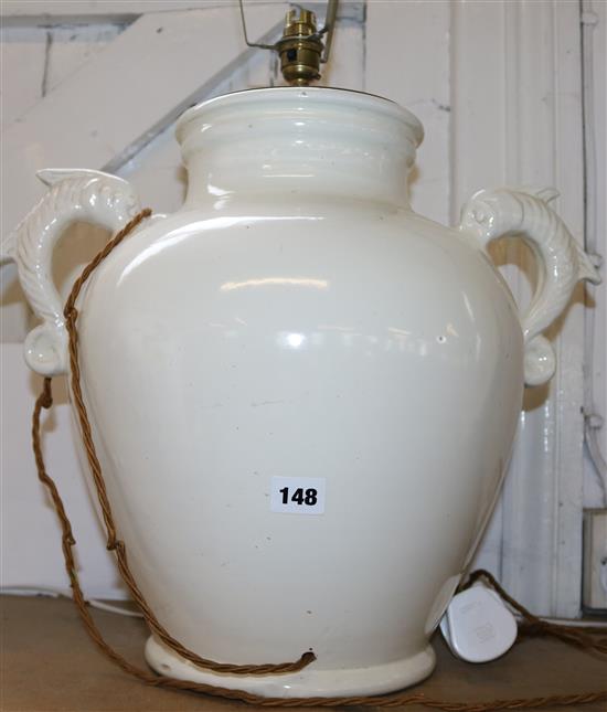 Large cream pottery dolphin handled lamp base